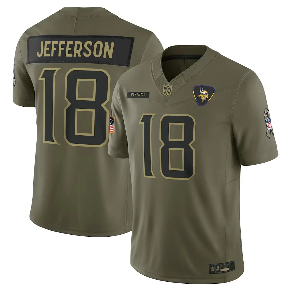 Men\'s Vikings #18 Justin Jefferson Olive 2025 Salute to Service Limited Jersey