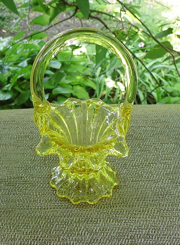 Rare Fenton Art Glass, Buttercup Yellow Mini Basket with Handle 