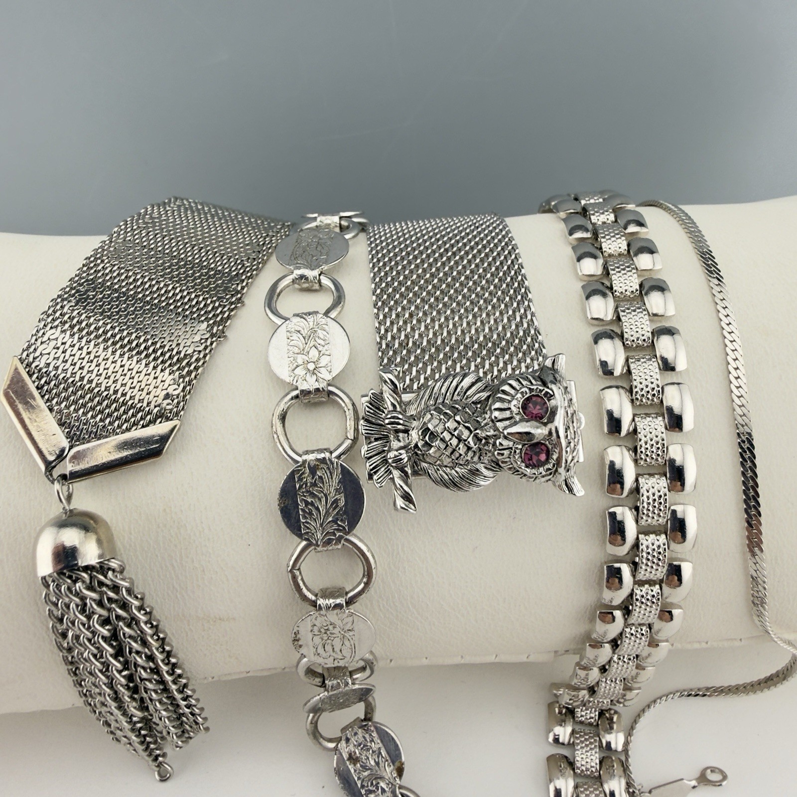 Vintage Bracelet Lot Monet Sarah Coventry Silver Tone Mesh Chain Link Set of 5