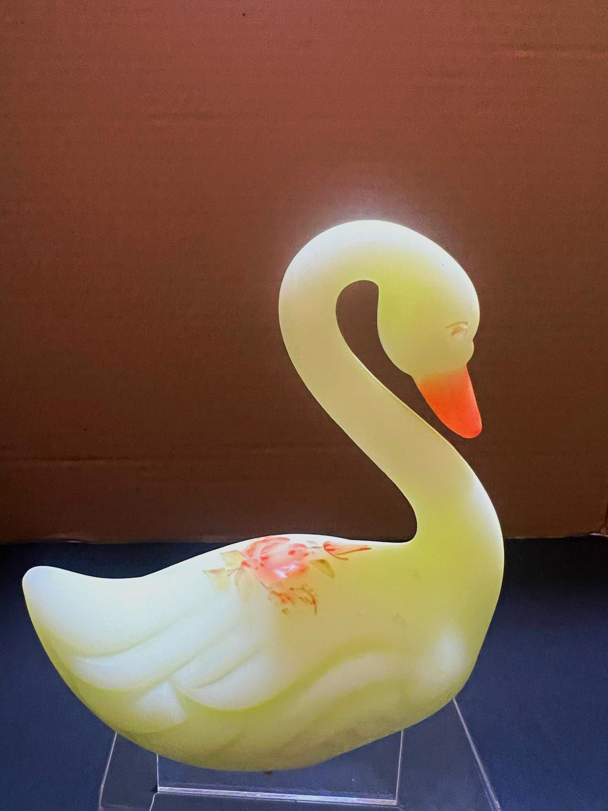 Vintage Fenton Rose On Custard Swan Uranium Glass Hand Painted & Signed Glows 