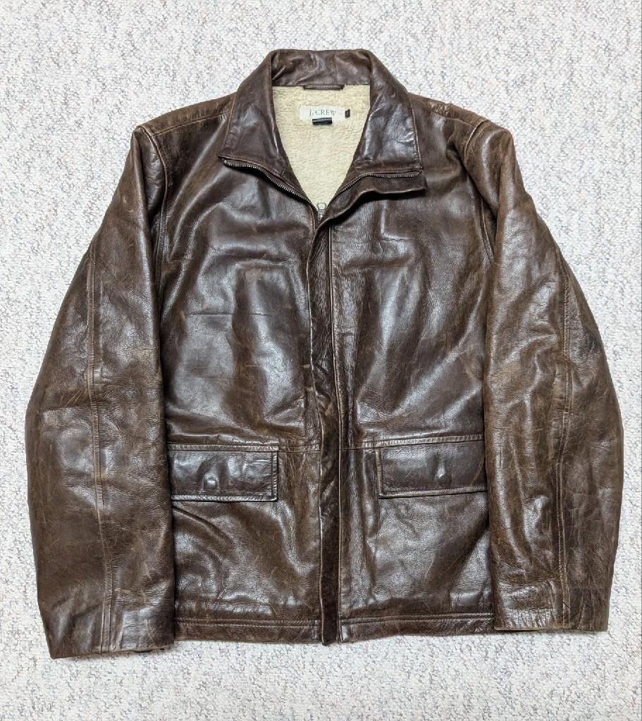 1990s vintage J.CREW leather jacket L broke-in PATINA semi-distressed coat brown