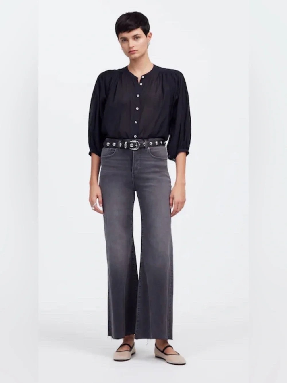 Madewell Black Flared Wide-Leg High-Rise Distressed Fray Hem Jeans, Sz-29
