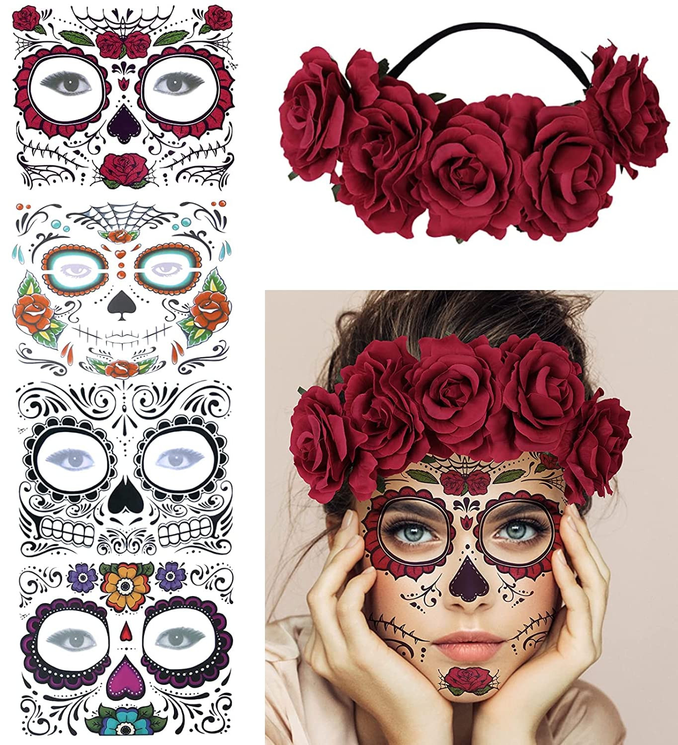 4 Kits Day of the Dead Sugar Skull Temporary Face Tattoo Makeup Tattoo for Men a