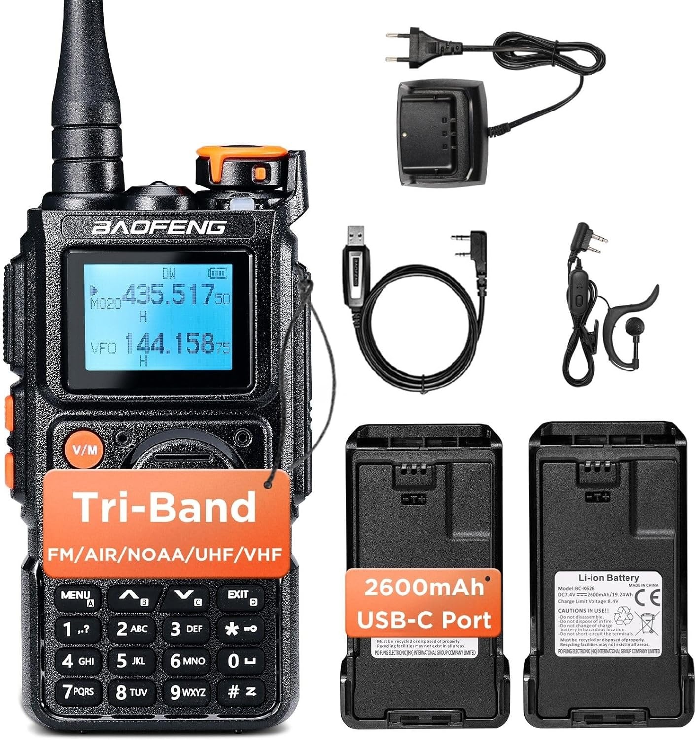 Baofeng K6 Tri-Band Ham Radio UHF/VHF/1.25M/NOAA/FM/Air Receiver Dual Batteries