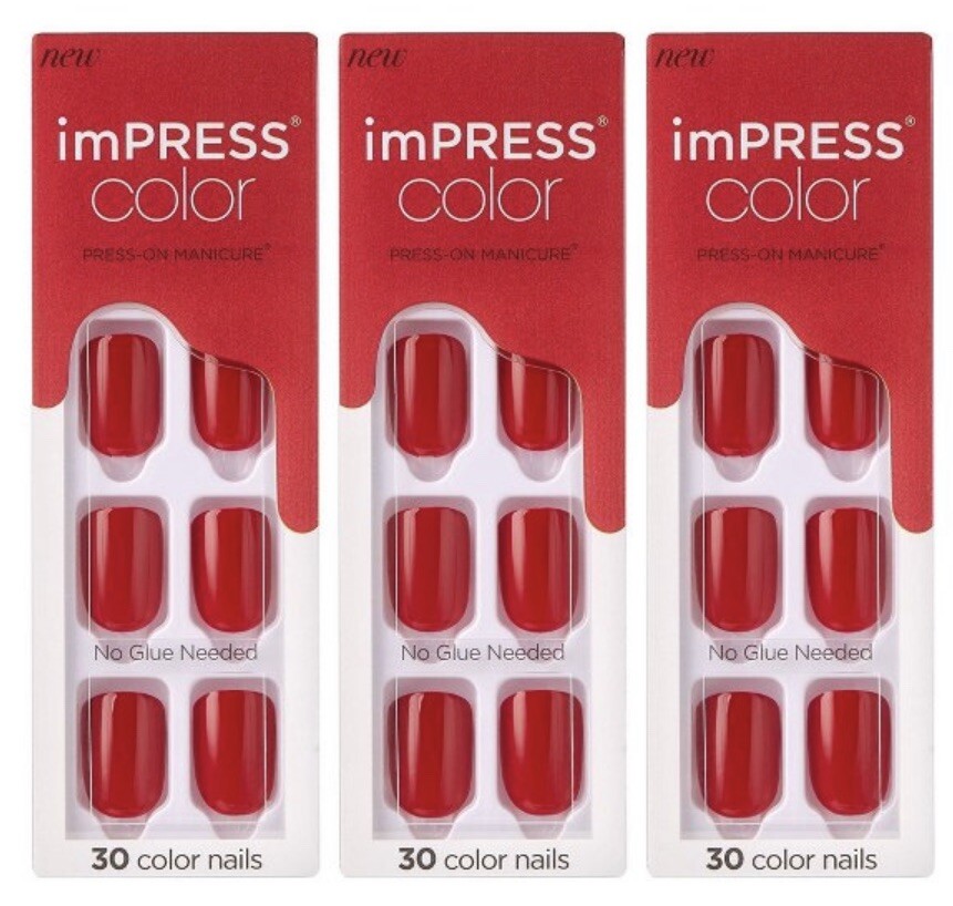 Kiss imPRESS Color Press-On Manicure Gel Red Nails 30 Short Length x 3 Pks
