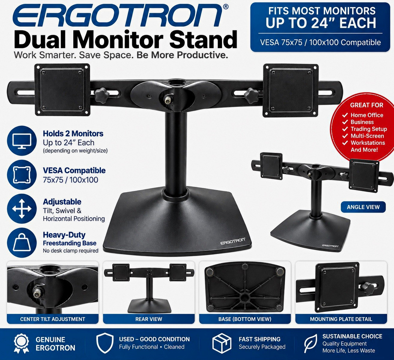 Ergotron Dual Monitor Stand VESA 75x75 100x100 Up to 24” Heavy Duty