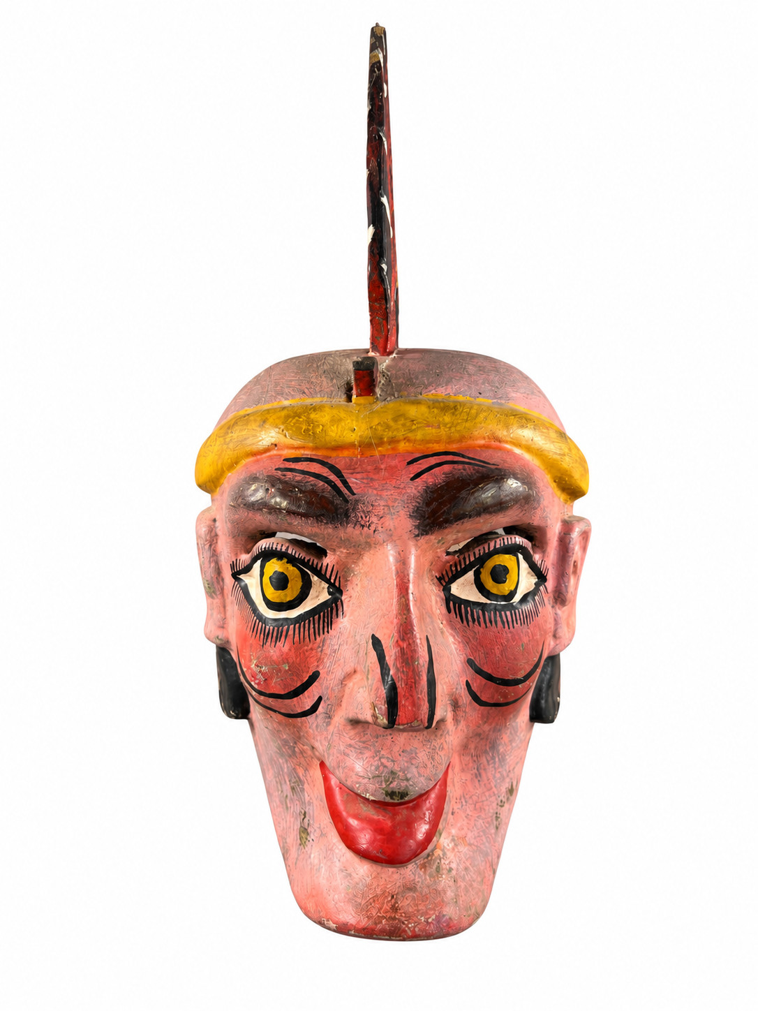 Antique Mexican dance mask, polychrome wood, large feather, folk art