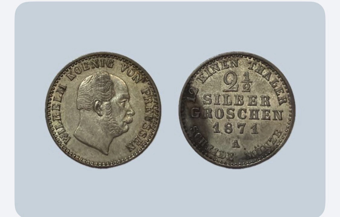 1871-A Germany Prussia 2 1/2 Silber Groschen Silver Coin Wilhelm I Berlin Mint