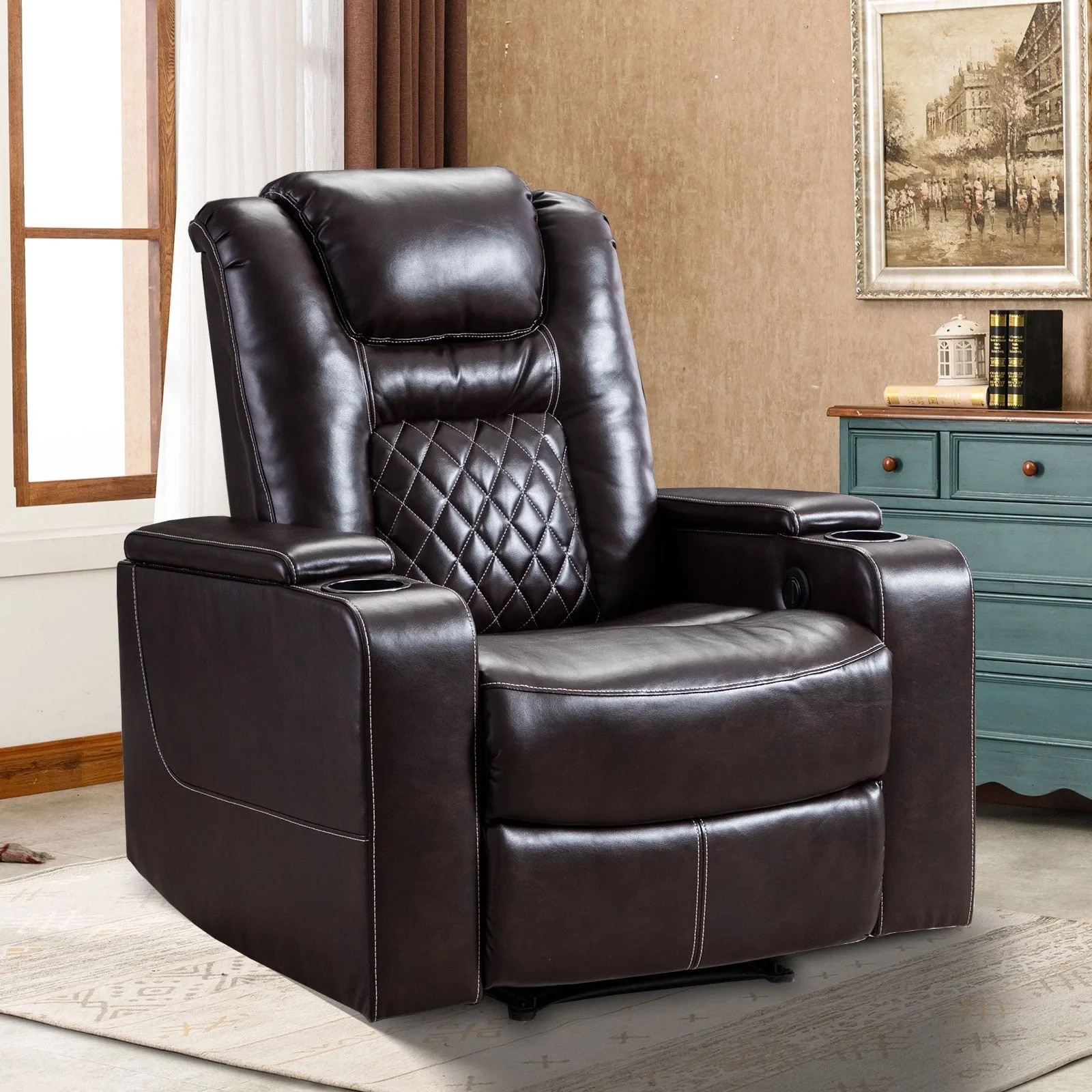 EBELLO Faux Leather Power Recliner Chair w/ USB Ports & Cup Holders & Storage