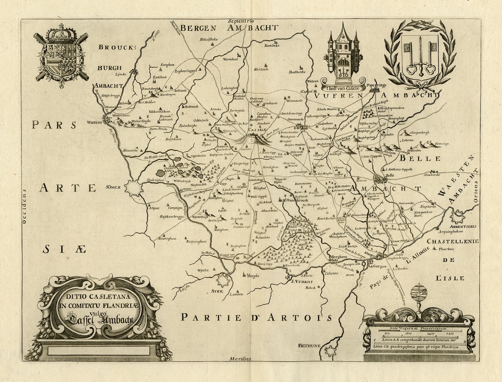 Antique Map-Ditio Casletana-Cassel in Flanders-Le Roy-Sanderus-Block-ca. 1729