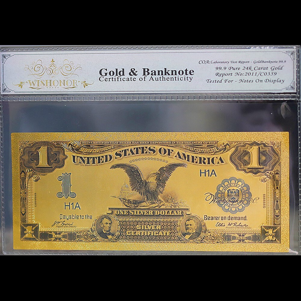 Gold 1899 $1 One Dollar Banknote Collectible with Bag & Certificate Gold 1899 $1 One Dollar Banknote Collectible with Bag & Certificate