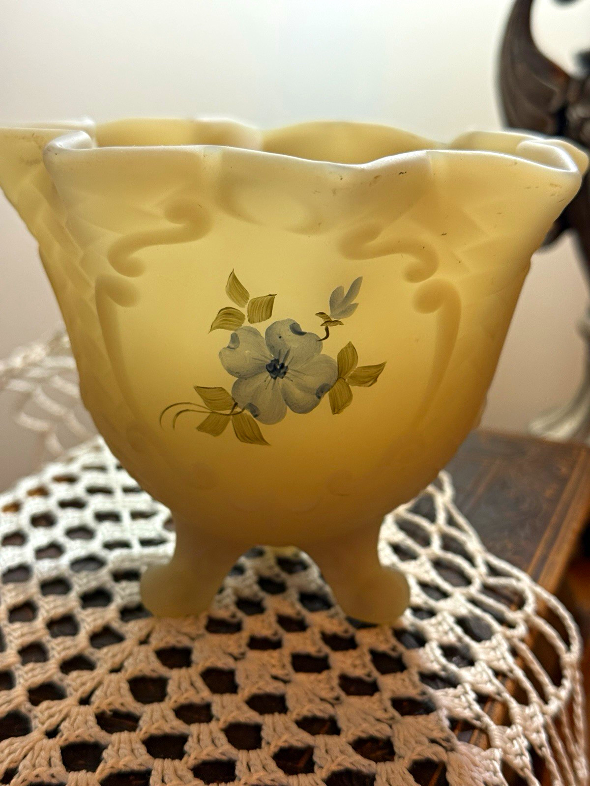 Fenton Custard Satin Glass 3 Footed Bowl Hand Painted Signed Blue Flower Vintage