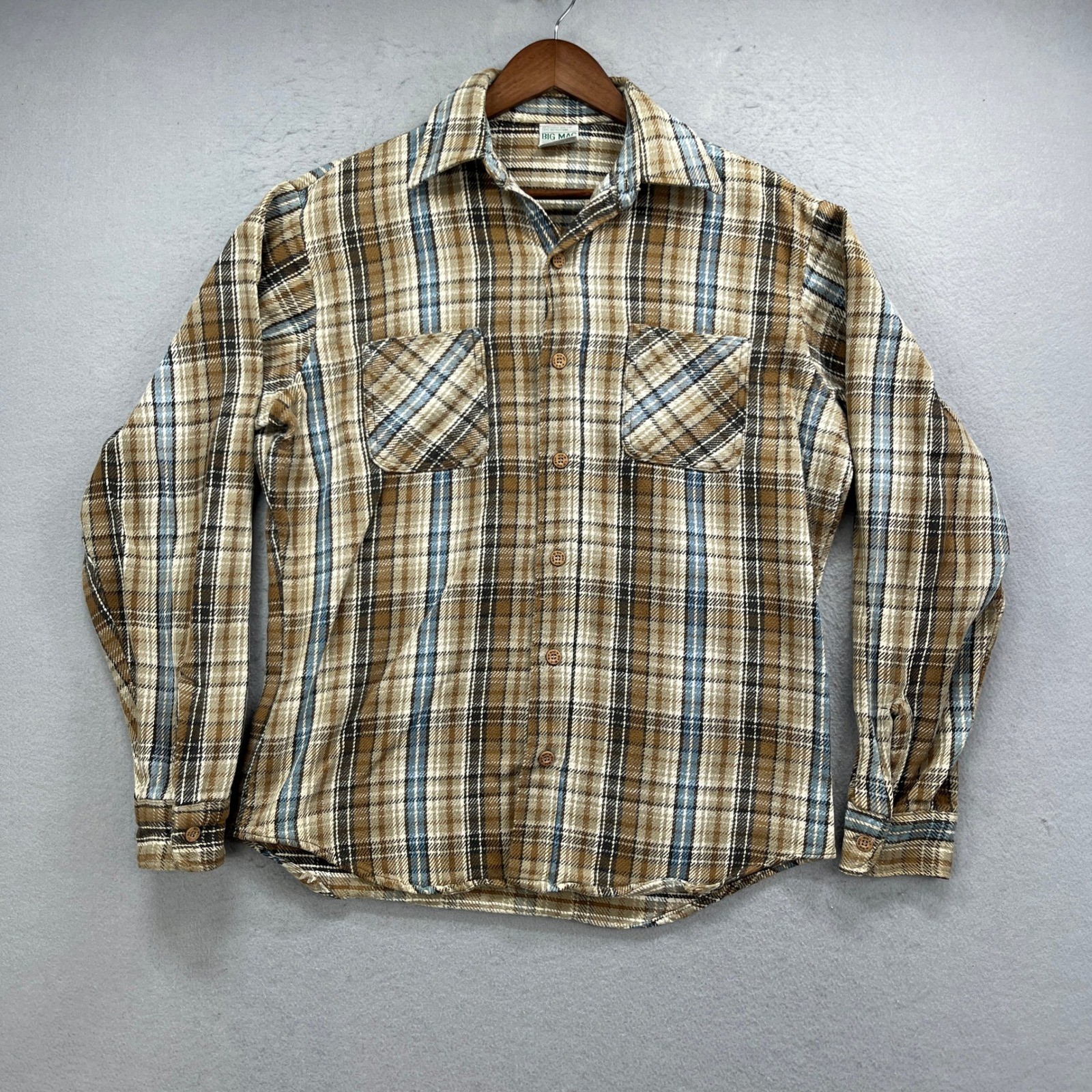 Big Mac Flannel Shirt Mens Medium Tall Brown Plaid Heavy Vintage 70s JC Penney