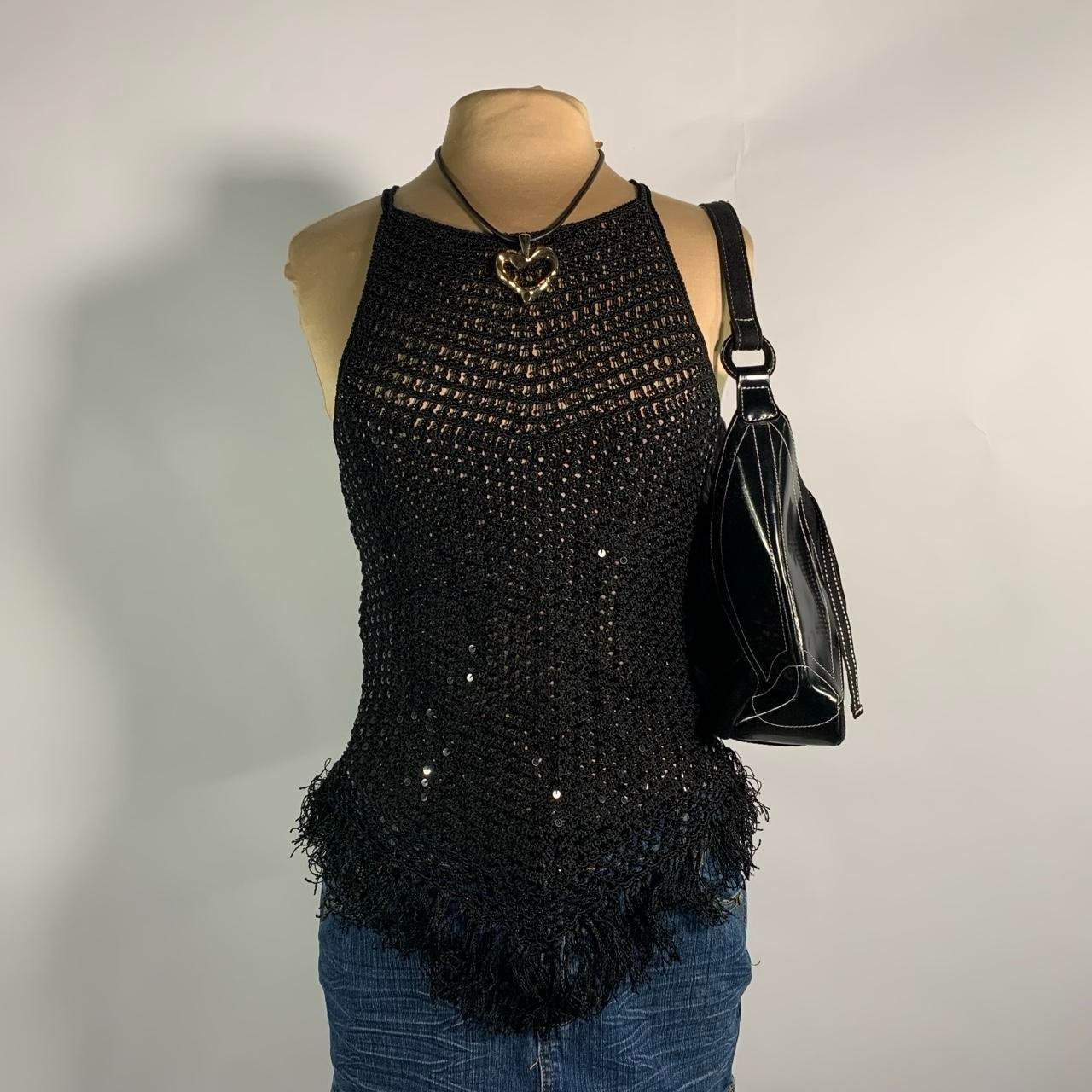 Bebe Crochet Sequin Handkerchief Hem Fringe Halter Top M Going Out VTG 2000s
