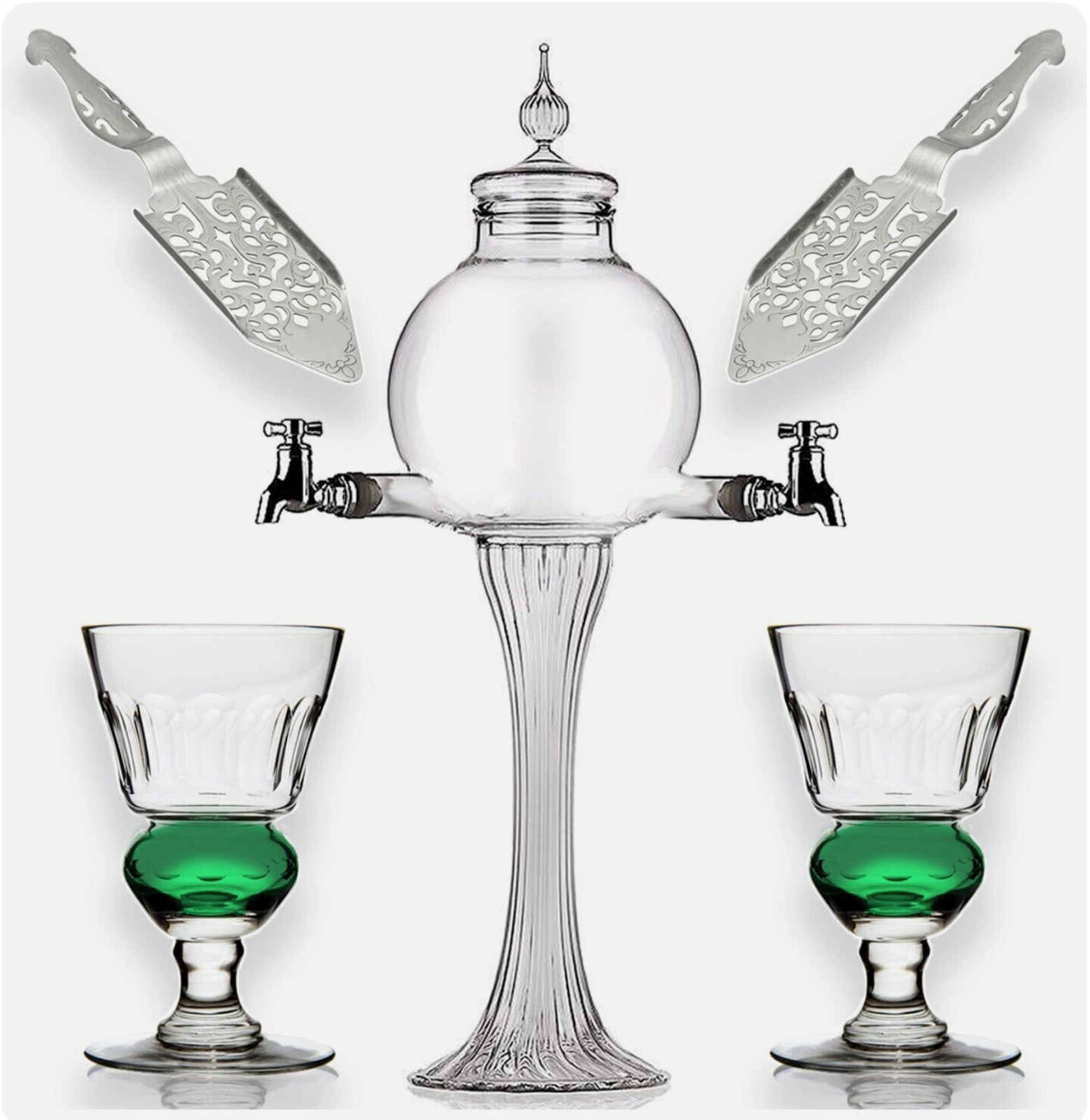 Absinthe Set - Glass Fountain Dripper with 2 Spouts 2 Spoons and 2 Glasses - NEW