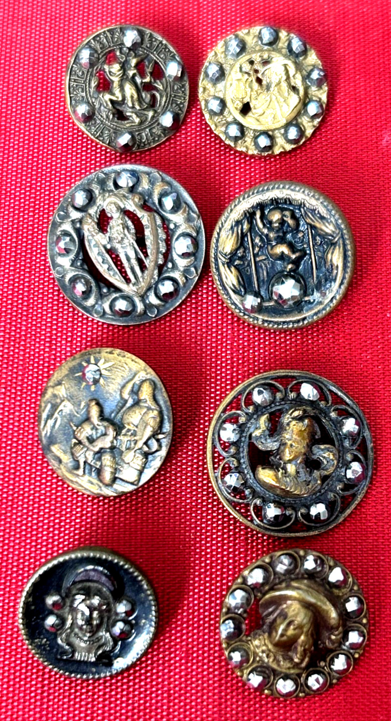 8 Scarce Antique Facetted Cut Steel Picture Buttons #1503 8 Scarce Antique Facetted Cut Steel Picture Buttons #1503