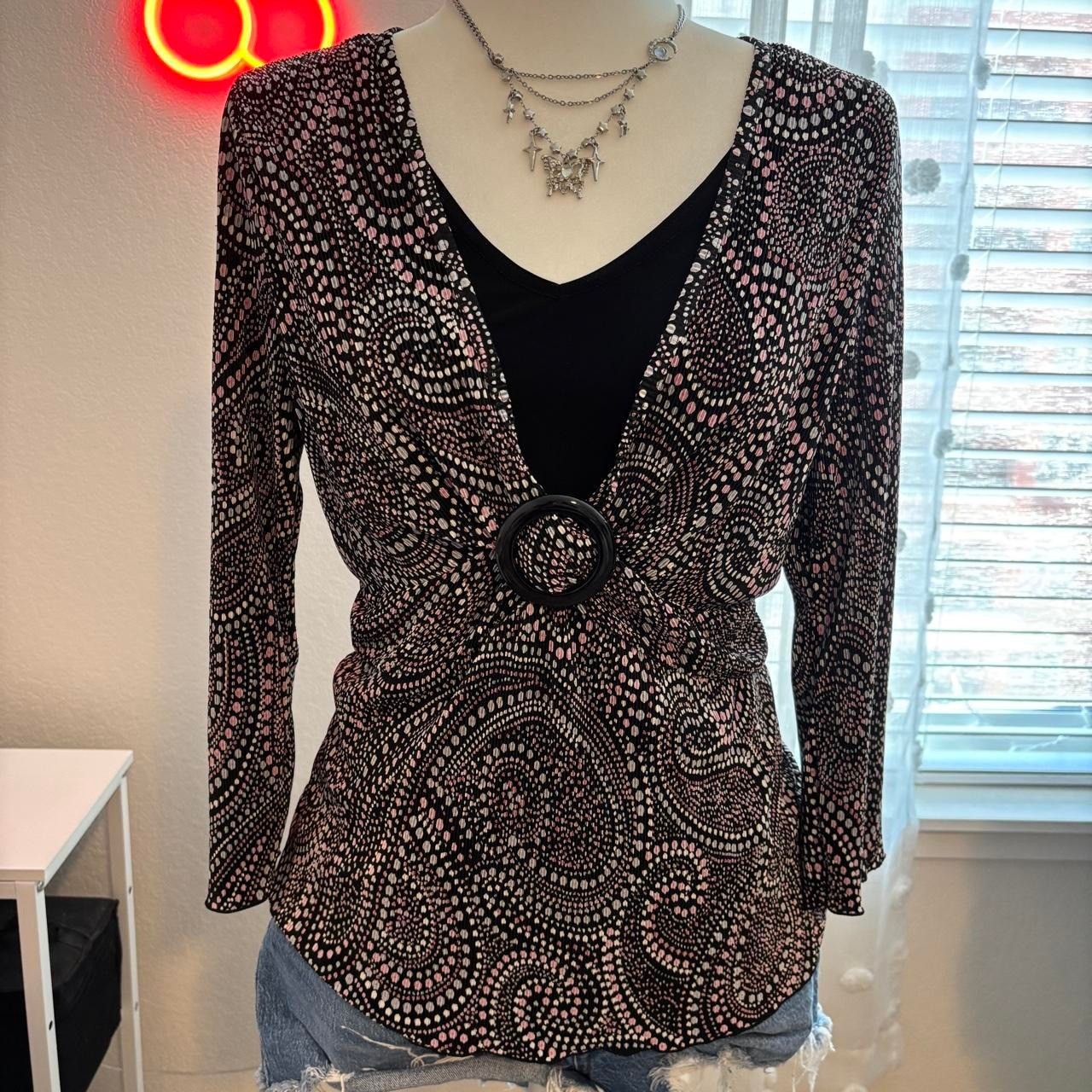 Women\'s Dressbarn Pink and Black 3/4 Sleeve Blouse with Ring Detail Size L