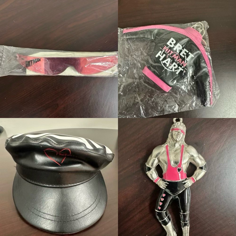 WWF Bret Hart Pink Sunglasses Jacket Key Chain Pendant and Shawn Michaels Hat WWF Bret Hart Pink Sunglasses Jacket Key Chain Pendant and Shawn Michaels Hat