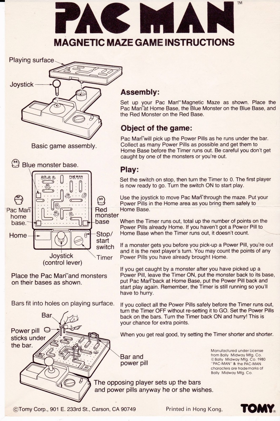 1982 TOMY Pac-Man Magnetic Maze Original Instructions Manual Bally Midway
