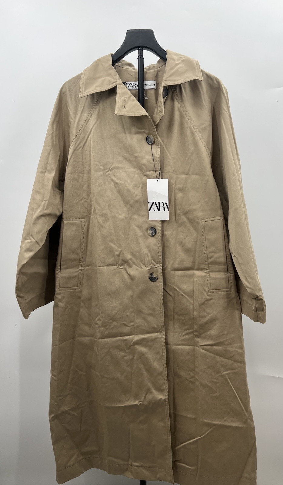 Zara Trench Coat Womens Beige Long Button Front Raglan Sleeve Pockets M Zara Trench Coat Womens Beige Long Button Front Raglan Sleeve Pockets M