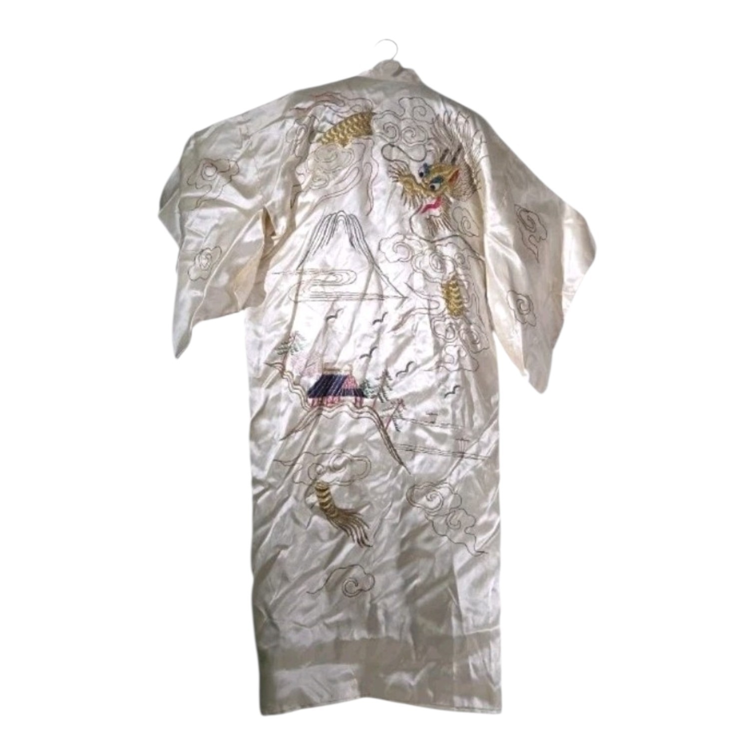 Vintage 1940s–50s  Satin Kimono Robe – Hand‑Embroidered Dragon- OS