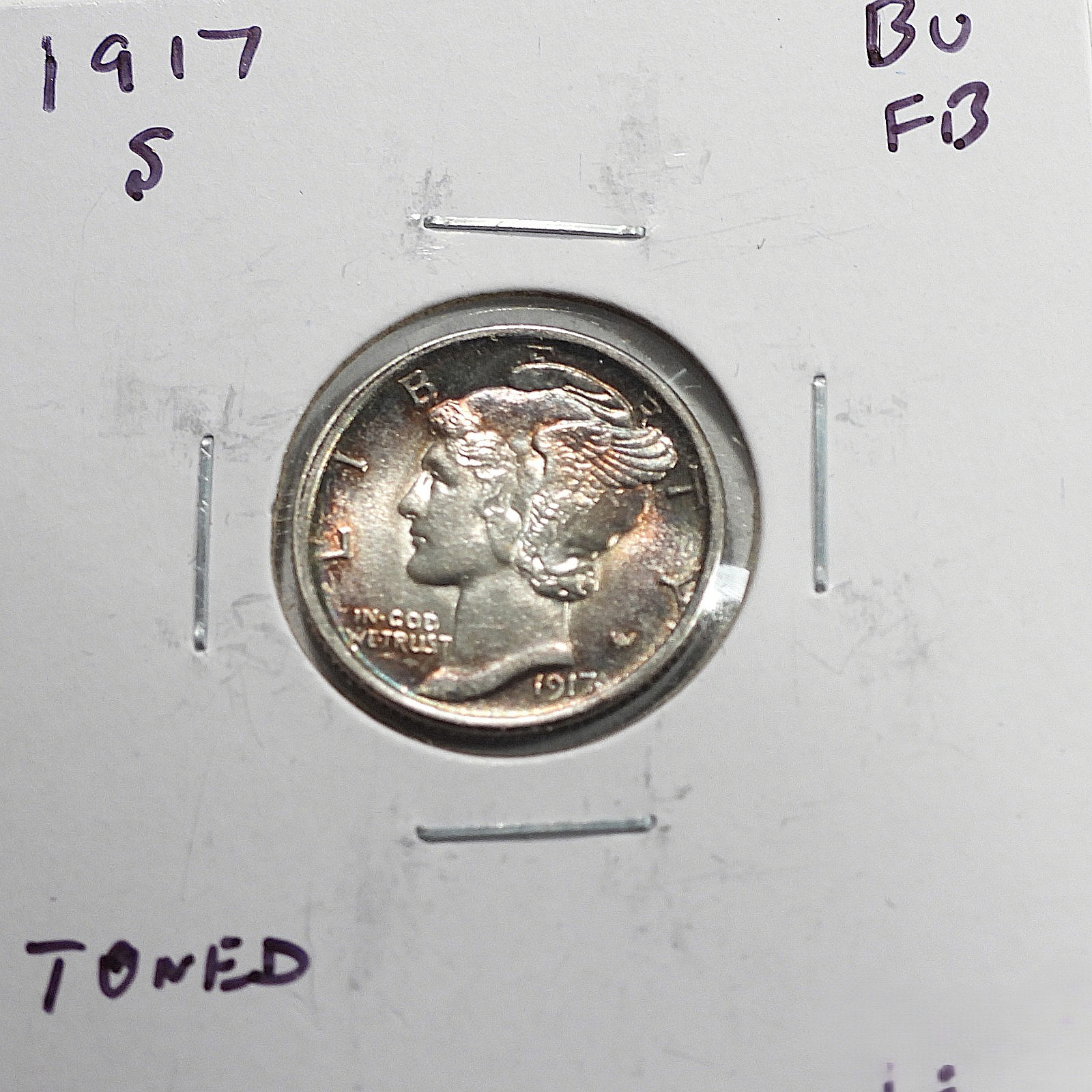1917-S Key Date Mercury Silver Dime BU/FB condition  Pretty Toning  (522)