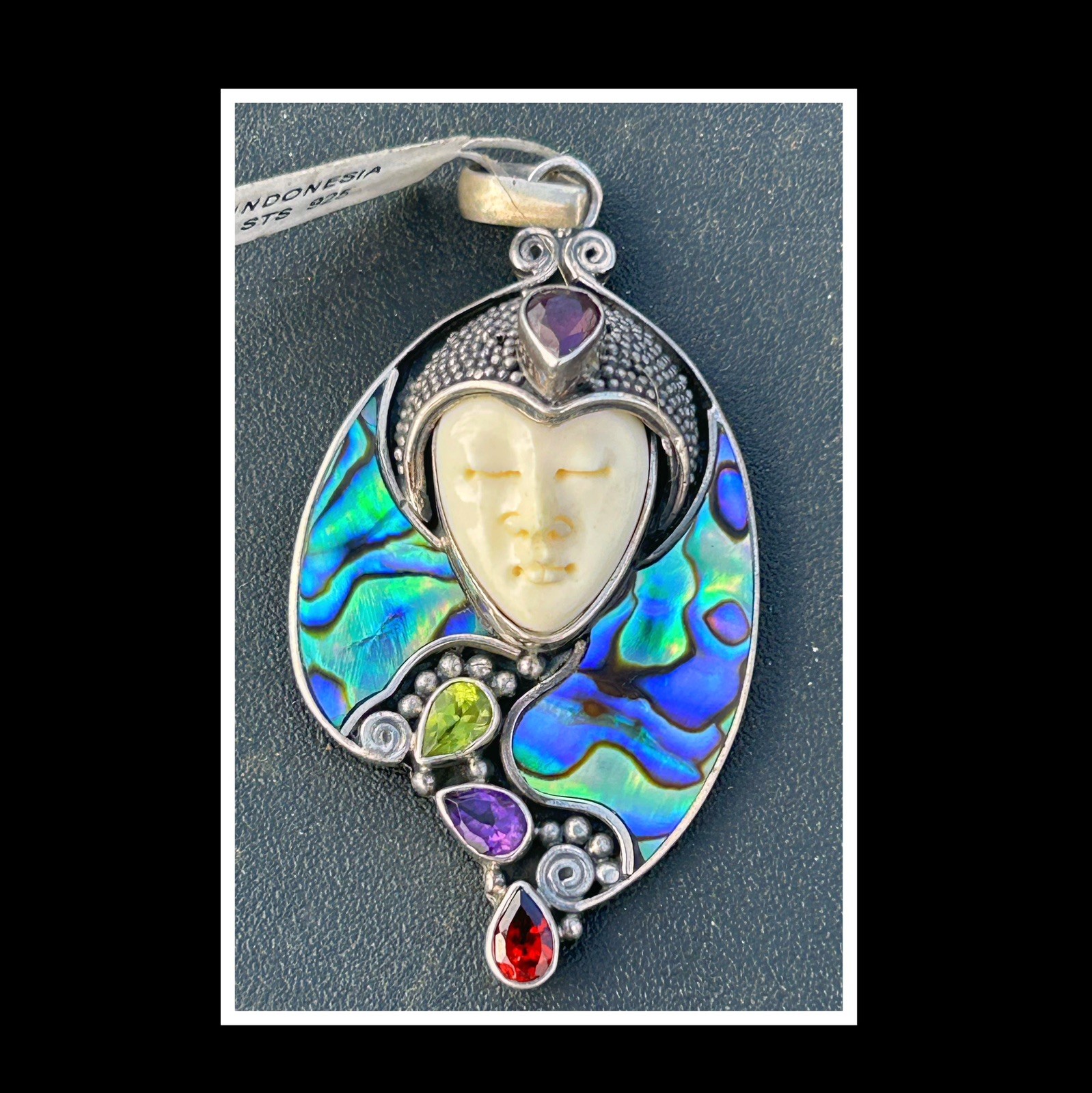 Vintage Sajen Sterling Silver Carved Goddess Abalone Multi-Stone Pendant Vintage Sajen Sterling Silver Carved Goddess Abalone Multi-Stone Pendant