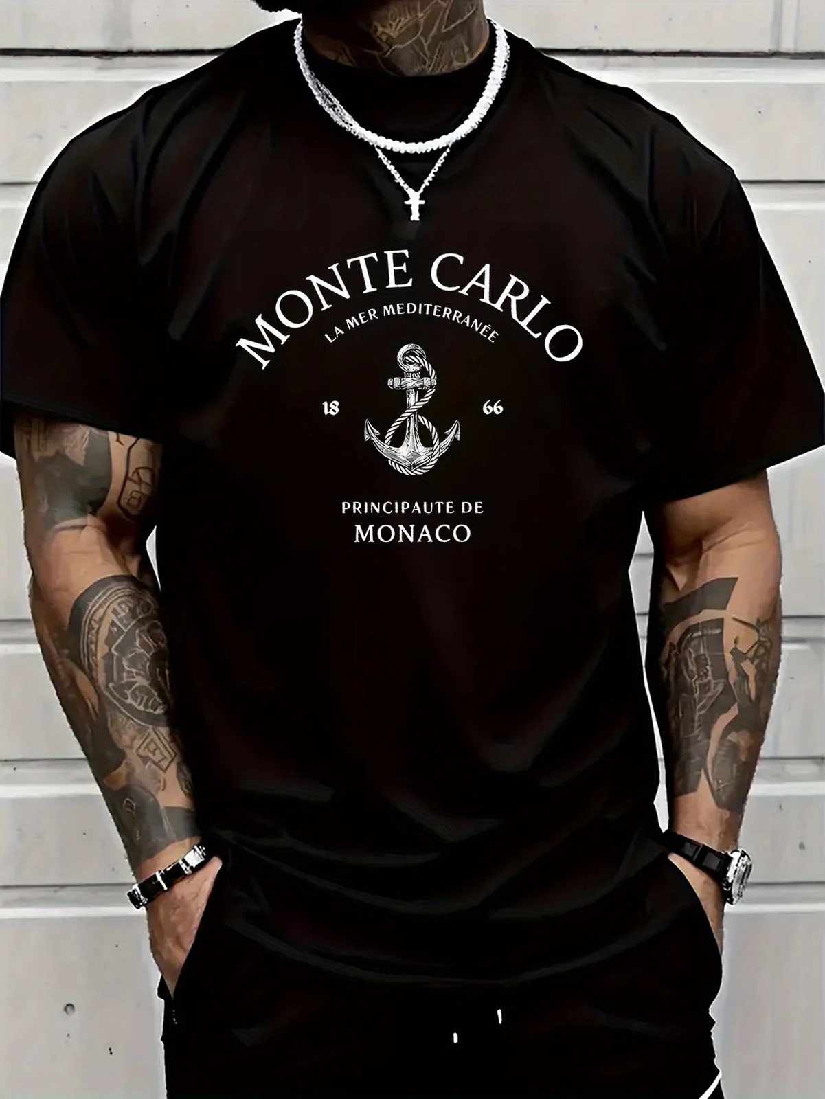 1pc Men\'s 100% Cotton T-Shirt with Monaco Anchor Print - Casual, Breathable