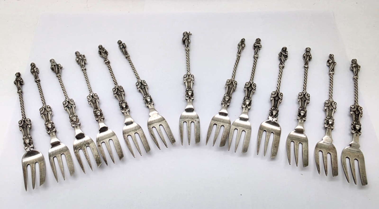 13 ANTIQUE DUTCH H.HOOIJKAAS .833 SOLID SILVER JESUS & APOSTLES FORKS,4 7/8