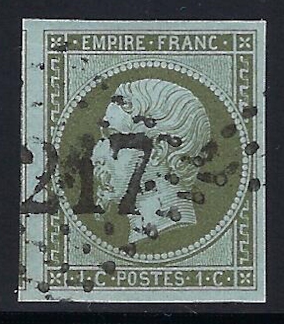 France, 1860, Scott #12, 1c olive green on pale blue, used, 4 margins