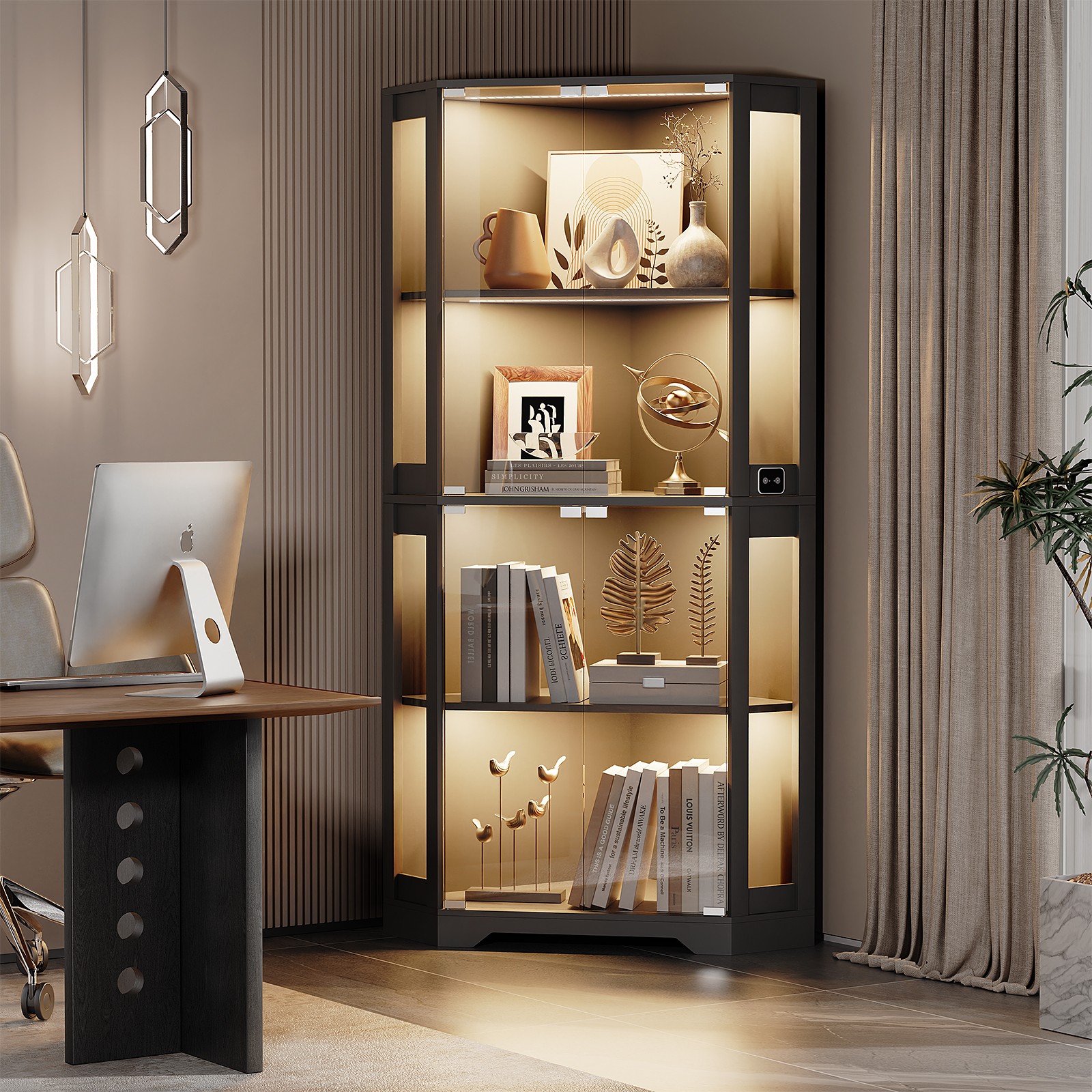 BROTTAR 4-Tier Corner Display Cabinet Curio Cabinet with Doors, 3-Color Lights