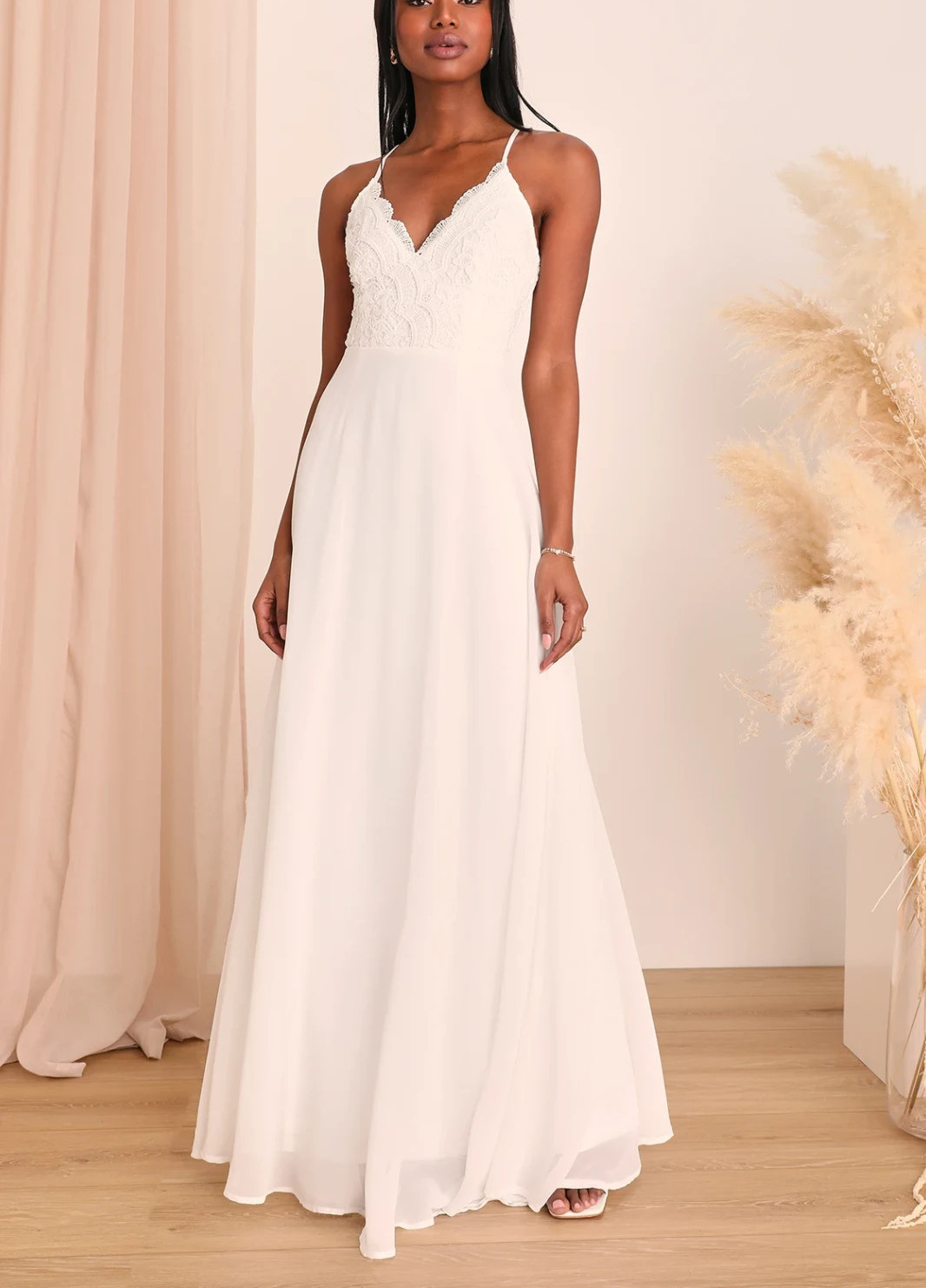 Lulus Dress Womens M White Lace V Neck Maxi Chiffon Spaghetti Strap Wedding