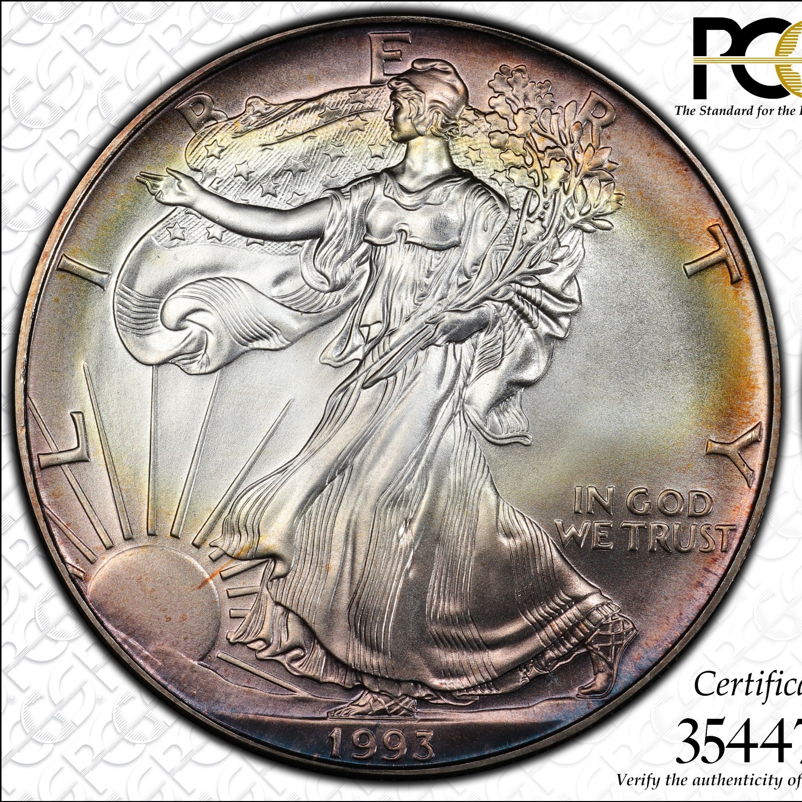 1993 PCGS MS67 Pretty Toned American Silver Eagle .999 ASE 1oz Trueview, Clean