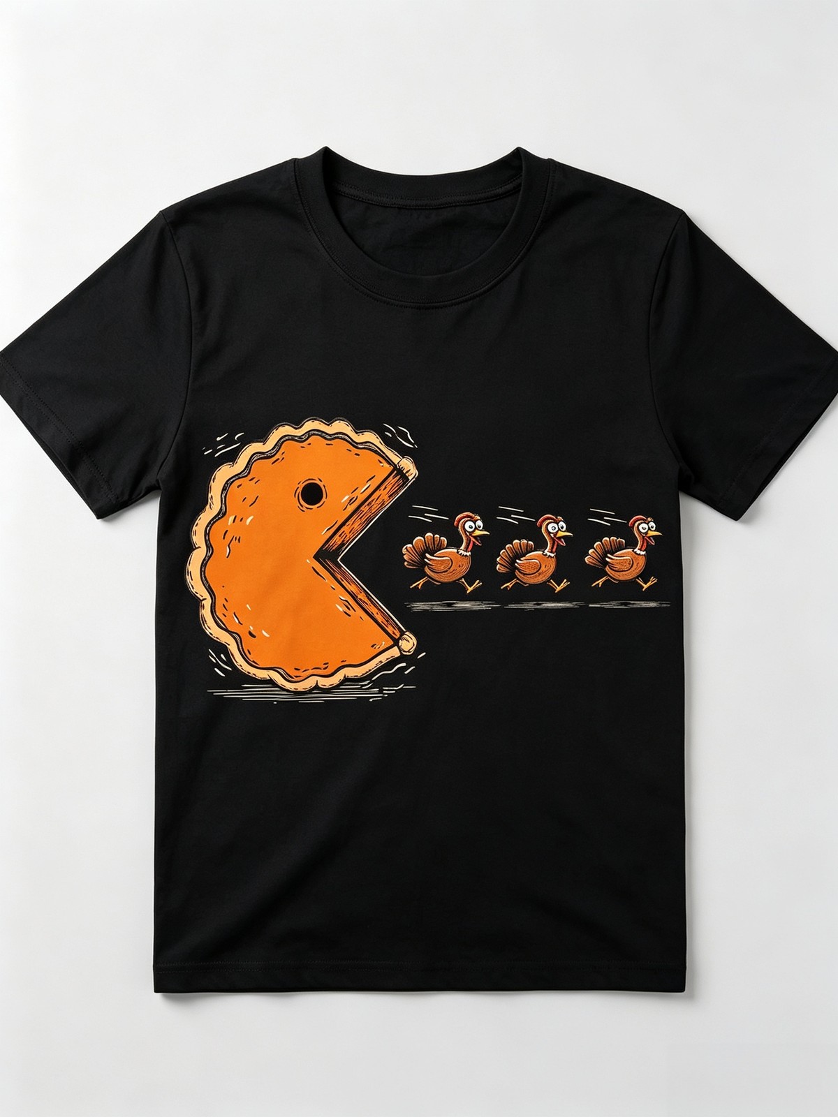 Funny Pumpkin Pie Chasing Turkeys tshirt Thanksgiving Pac-Man Graphic Funny Pumpkin Pie Chasing Turkeys tshirt Thanksgiving Pac-Man Graphic