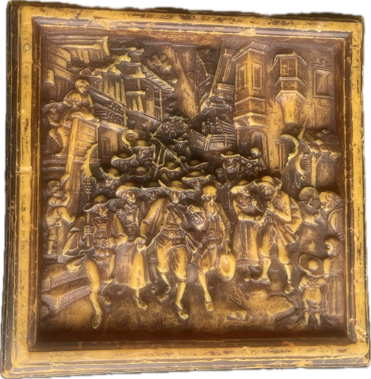 vintage German 3D wax relief wall plaque features a detailed folk art