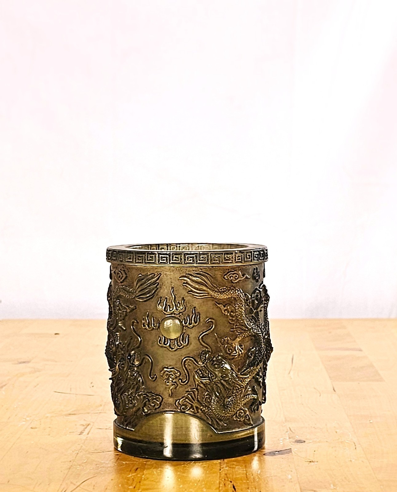 Late 19th/20th c. Peking Glass Boshan Liaoqi Dragon Pearl Brush Pot Antique Late 19th/20th c. Peking Glass Boshan Liaoqi Dragon Pearl Brush Pot Antique