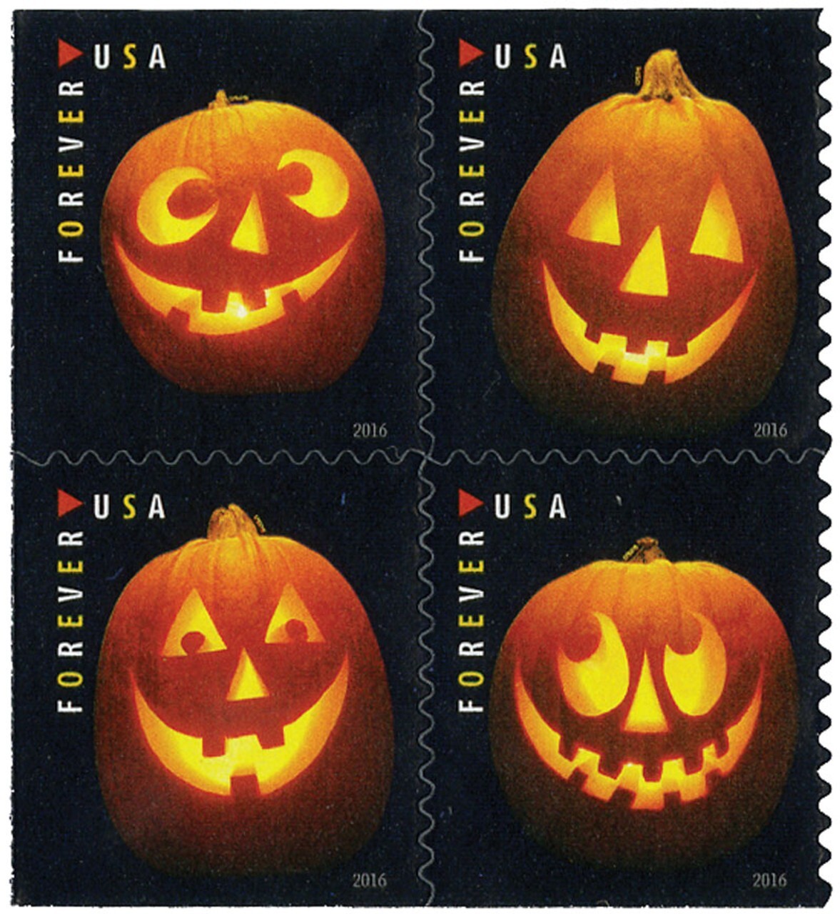 USPS Stamps 2016 Halloween Jack-O'-Lantern Unused book of 20 Scott 5137-40