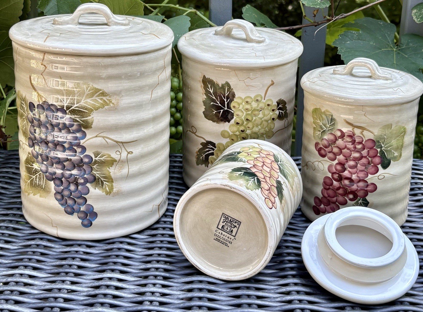 Vintage Tabletops Unlimited Cabernet Hand painted 4 Pc Canister Set Grapes