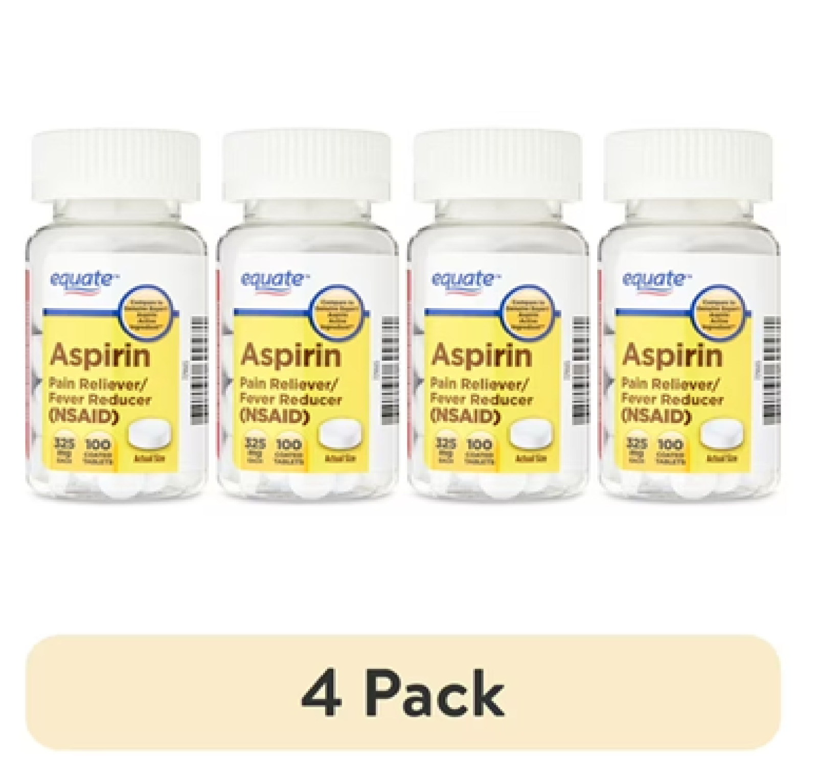 Equate Aspirin 325mg Pain Reliever/Fever Reducer Coated Tablets 100 Ct 4 Pack
