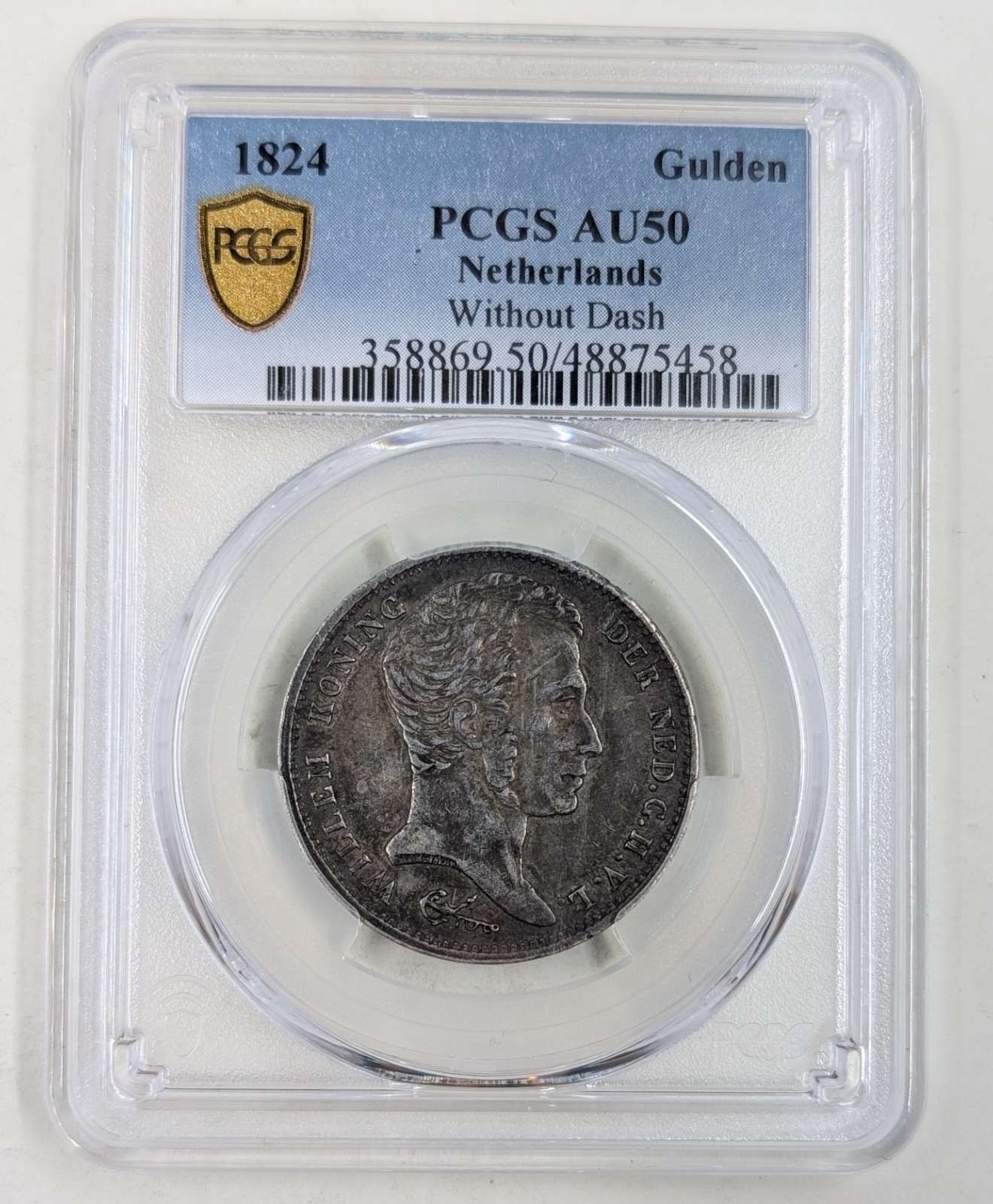 Rare 1824 Netherlands Silver 1 Gulden Without Dash PCGS AU50 KM#55