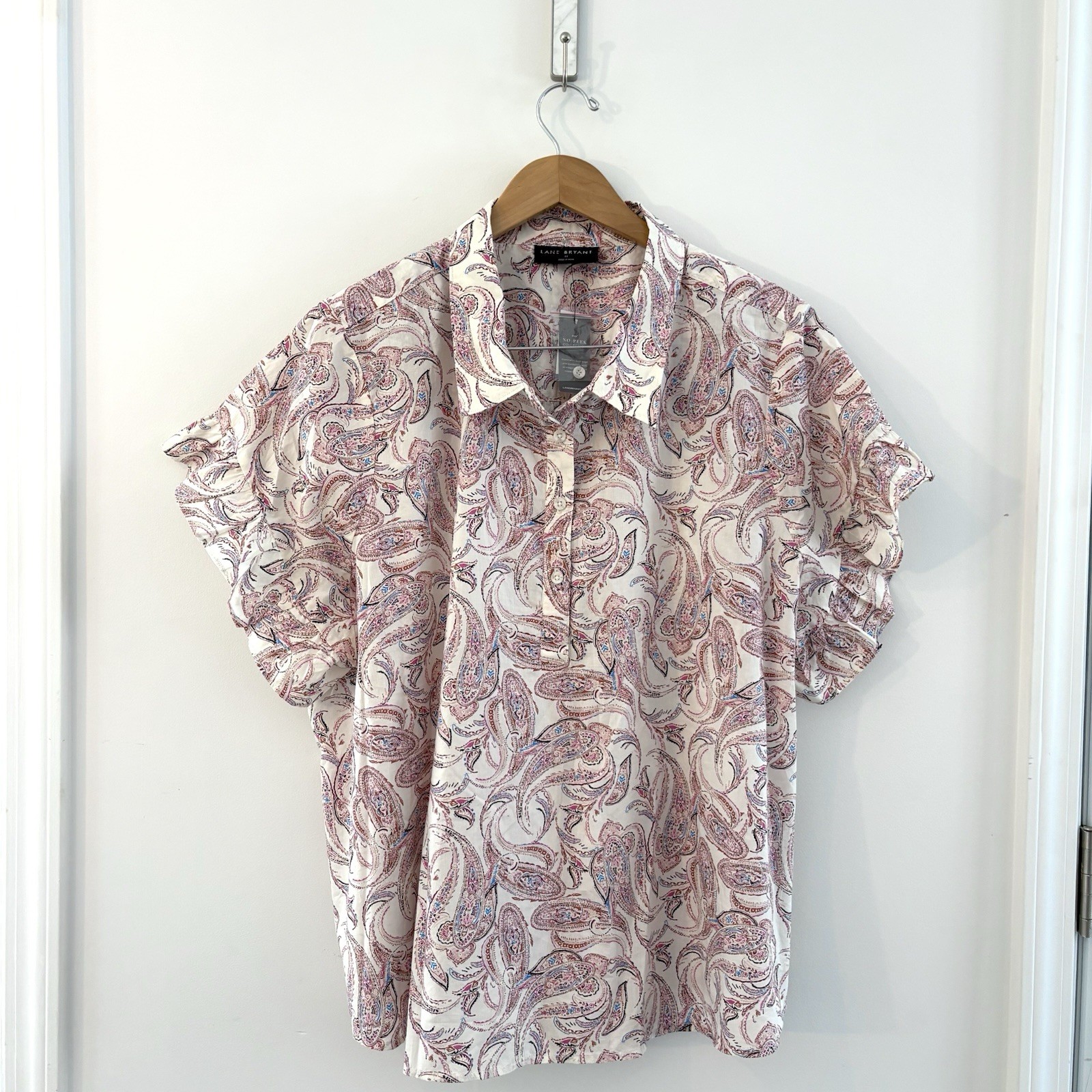 NWT Lane Bryant Pink Paisley Scroll Ruffle Sleeve Popover Blouse Plus Size 22 NWT Lane Bryant Pink Paisley Scroll Ruffle Sleeve Popover Blouse Plus Size 22