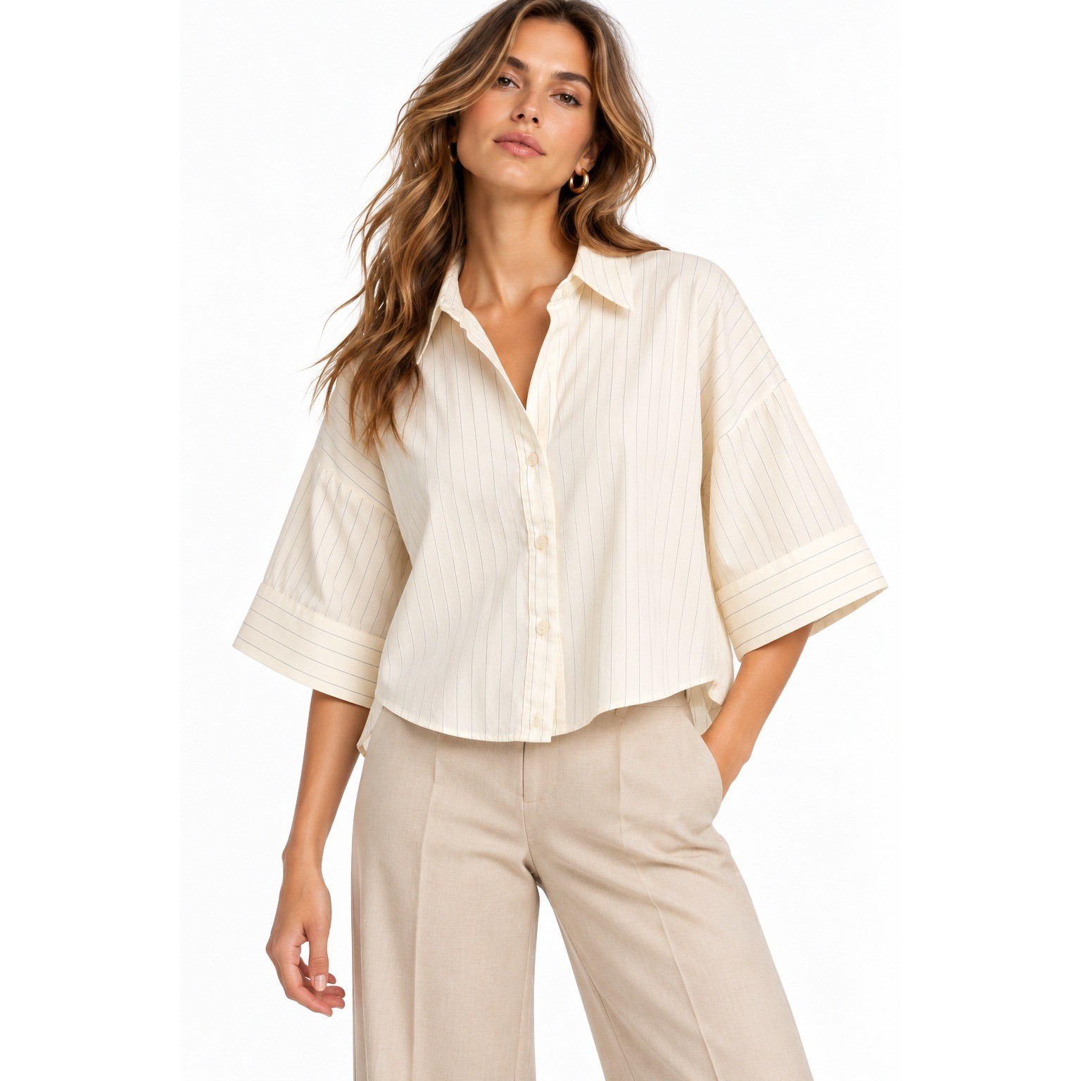 H&M Cream Pinstripe Button Down Oversized Blouse Short Sleeve Small NWT