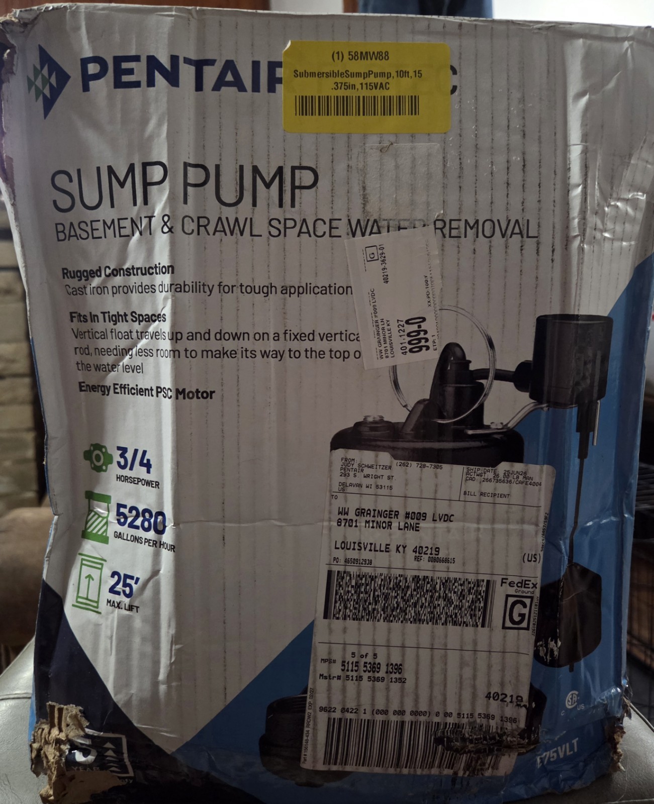 Pentair Flotec 3/4 HP Cast Iron Sump Pump 115V E75VLT Damaged To Box Only. Pentair Flotec 3/4 HP Cast Iron Sump Pump 115V E75VLT Damaged To Box Only.