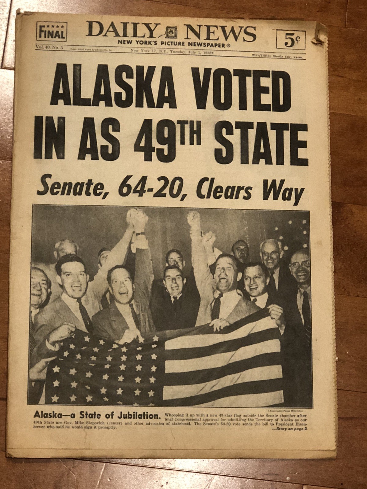 Vintage Newspaper  Alaska Becomes 49 Th State