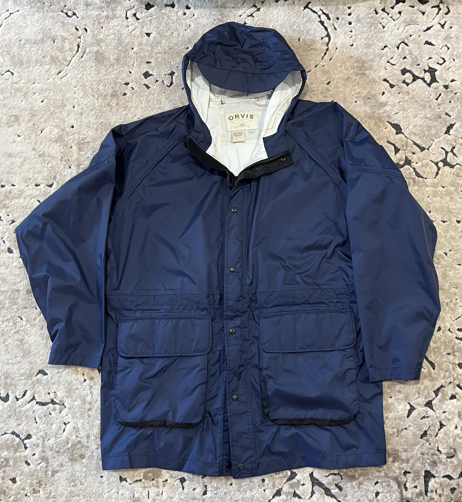 Orvis Men’s Blue Hooded Rain Jacket w/ Pockets Size L