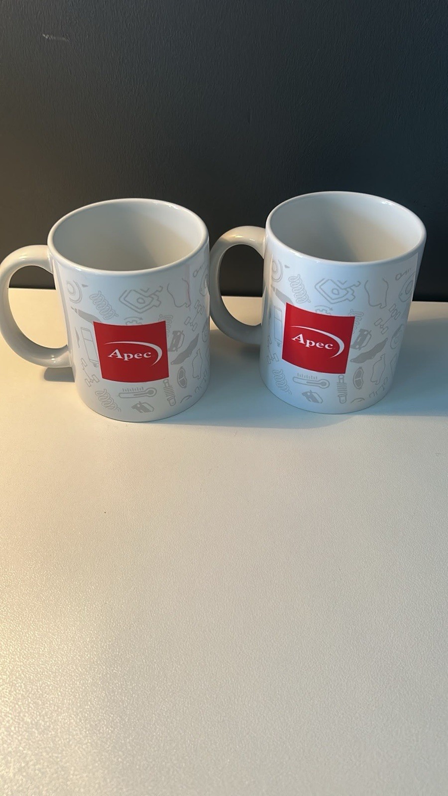 2x Apec Automotive Promo Mugs White/Red Car Parts Graphic Quality You Can Trust