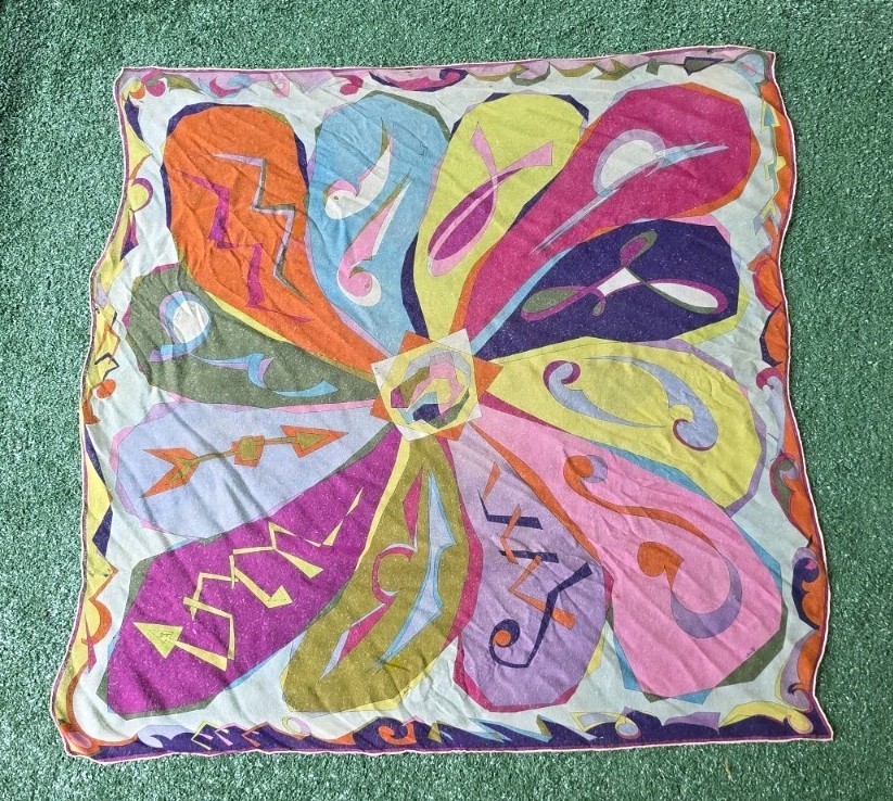 VINTAGE EMILIO PUCCI SILK  ZODIAC GEOMETRIC TWILL NECK HEAD SCARF READ AS IS