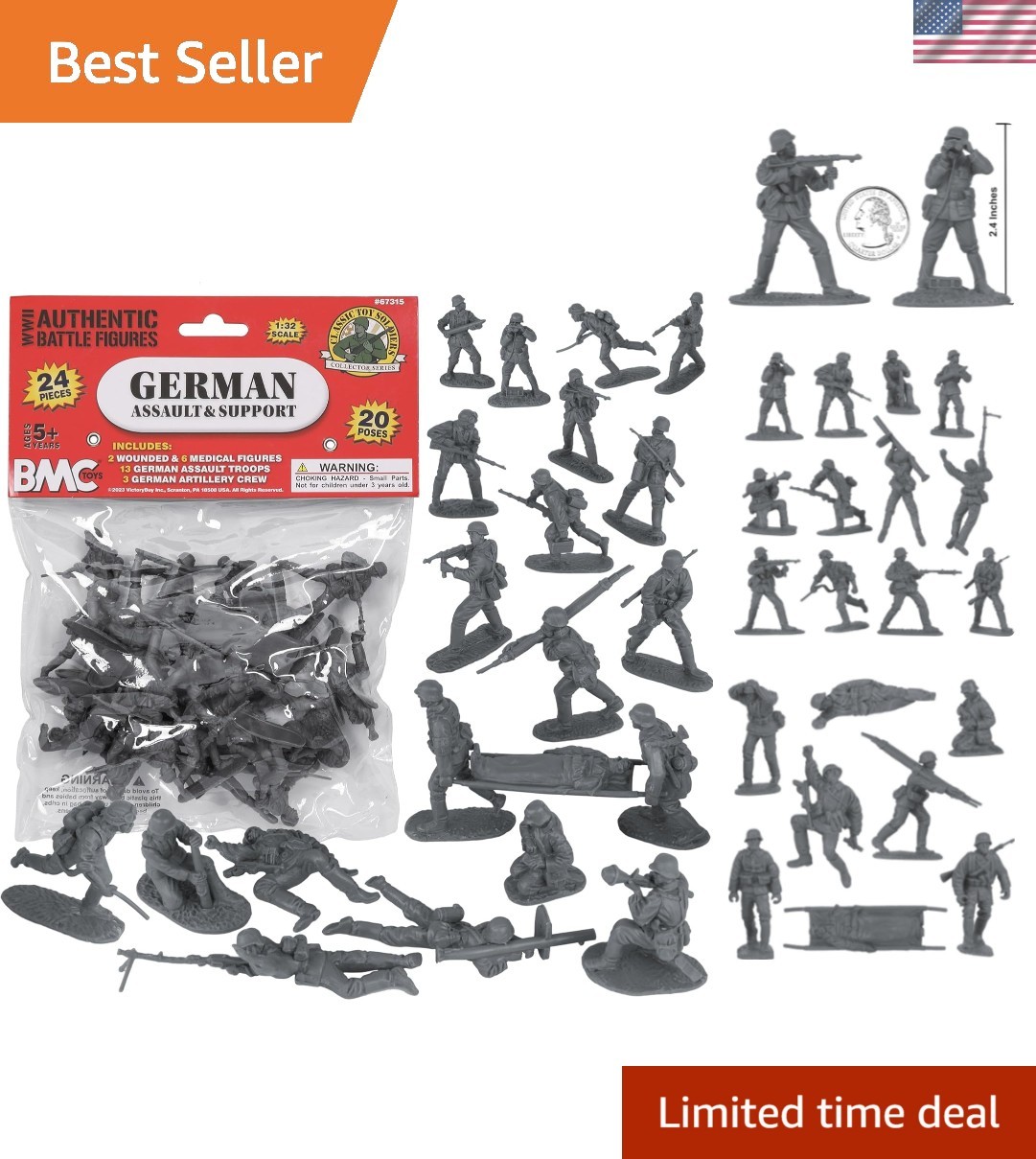 BMC CTS 24pc WW2 German Assault & Medic Soldier Figures - Charcoal Gray Toy Set