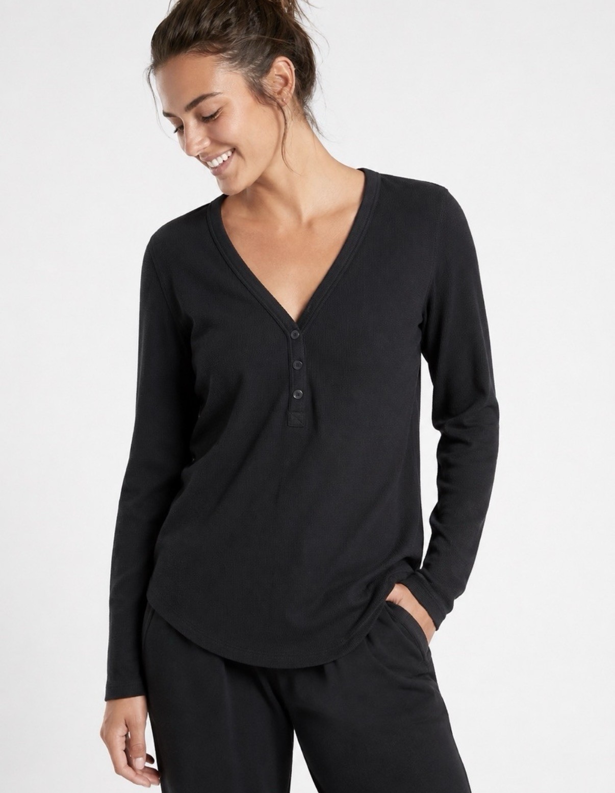 Athleta Wind Down Black Ribbed V-Neck Henley Long Sleeve Sleep Top Modal NWT $49