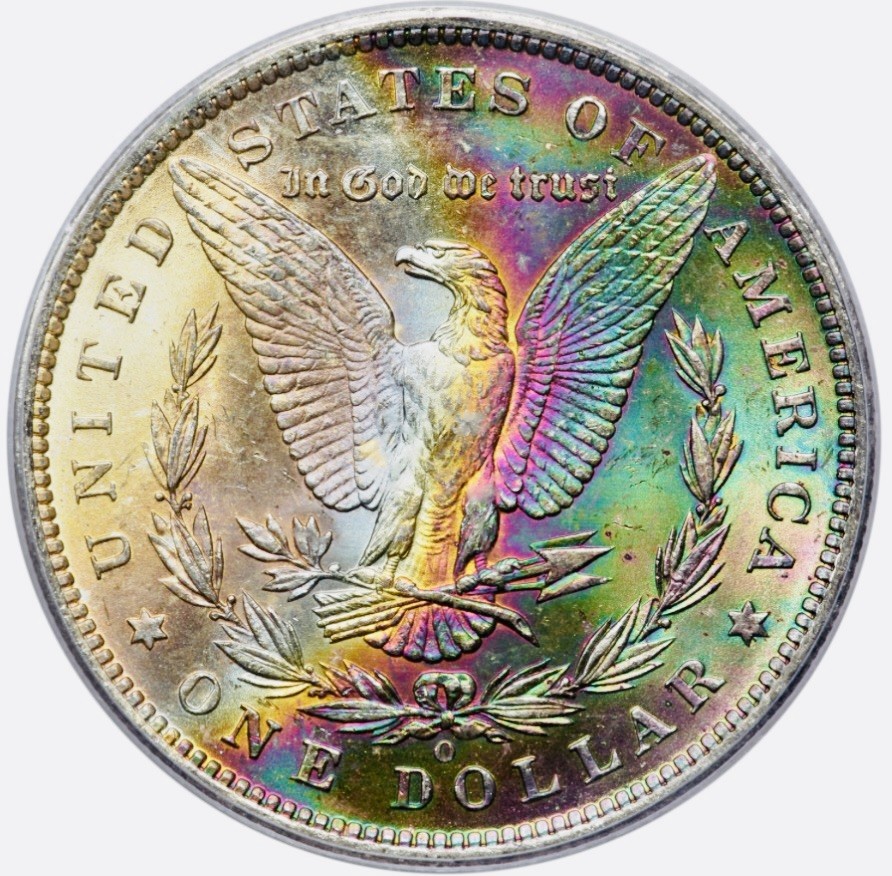 1885-O Morgan Silver Dollar PCGS MS63 Rainbow Toned Magenta Emerald Monster 1885-O Morgan Silver Dollar PCGS MS63 Rainbow Toned Magenta Emerald Monster